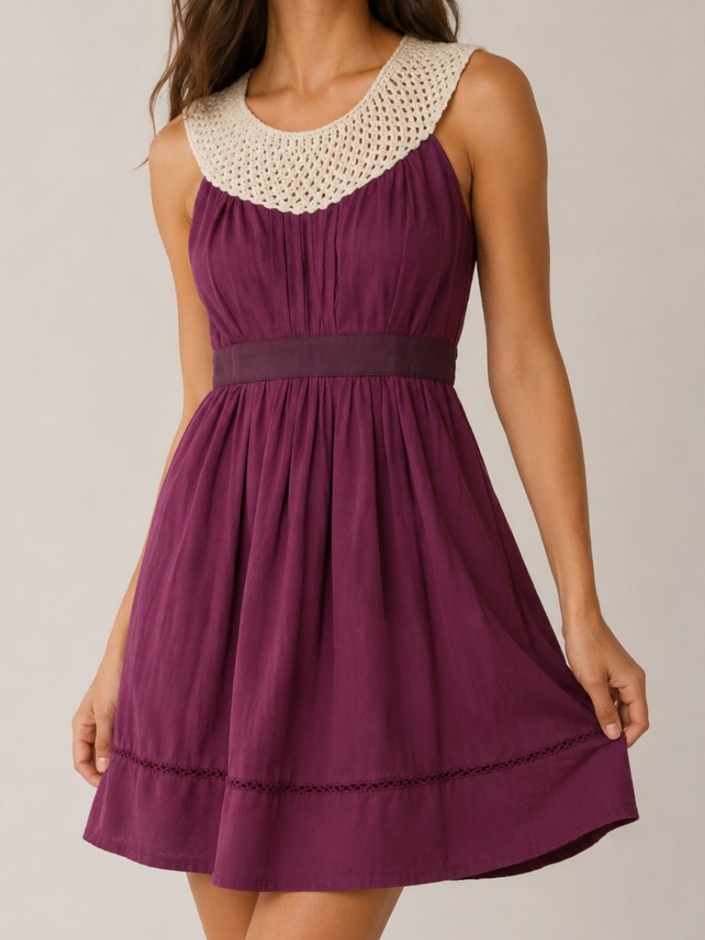 ANTHROPOLOGIE | FLOREAT Crochet Collar A-Line Dress Plum Sleeveless Size 6